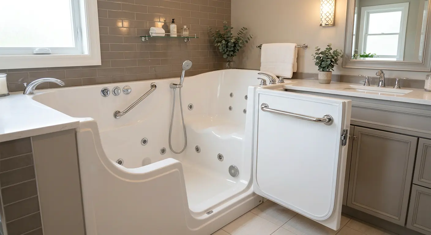 Luxurious walk-in bathtub with safety features